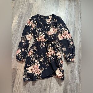 Honey Belle Black Floral Long-Sleeve Dress, Lightweight Polyester Material,